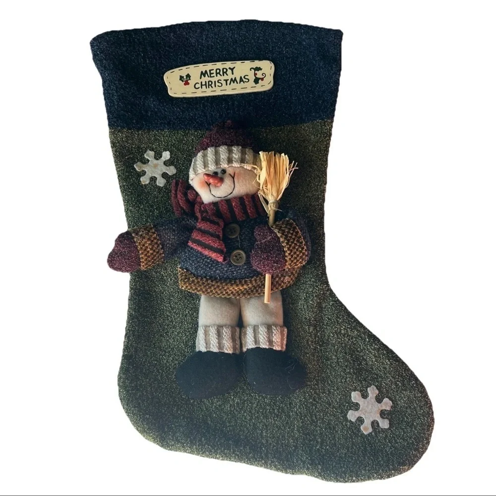 3D Plush Snowman Christmas Stocking Blue/green 17”x10” Holiday Decor Winter